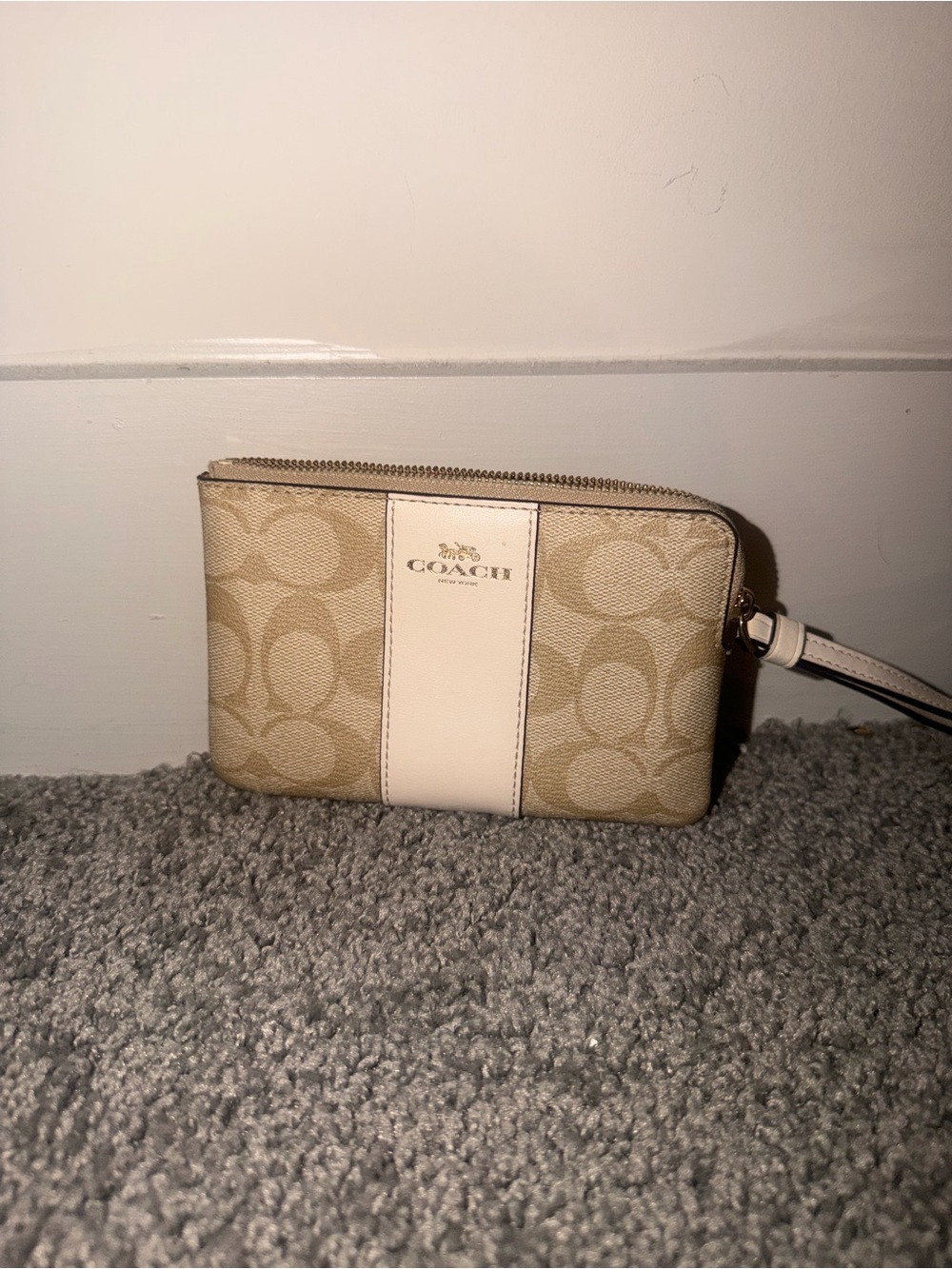 Coach Signature Canvas Wristlet in Beige with Cream Stripe